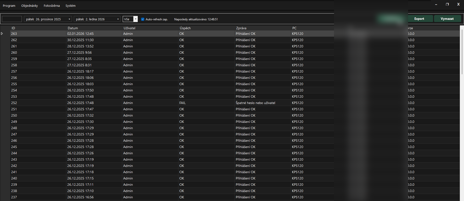 Fotosběrna – logy, filtry, export (IP rozmazaná)