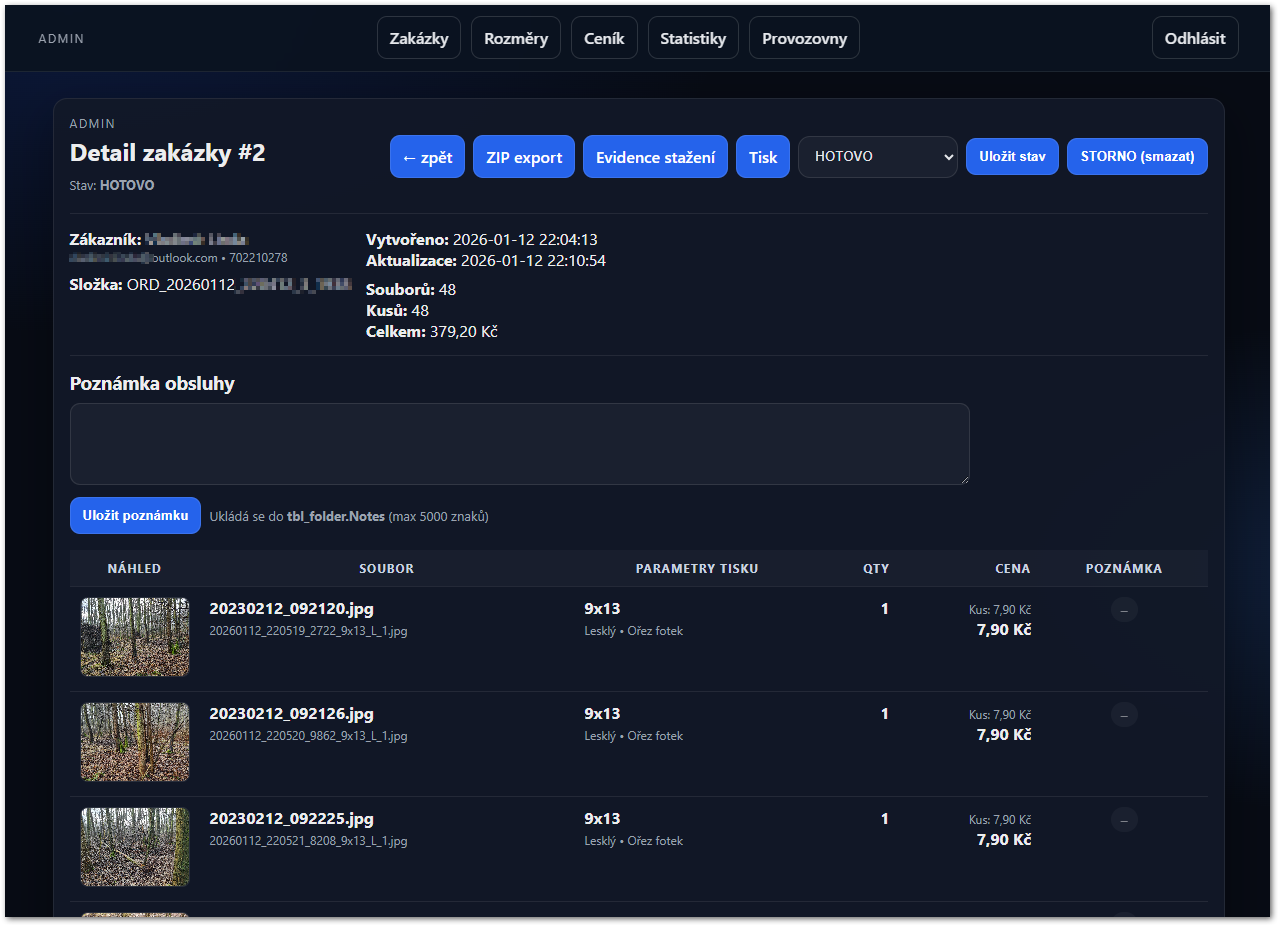 Fotosběrna – administrace - detail zakázky